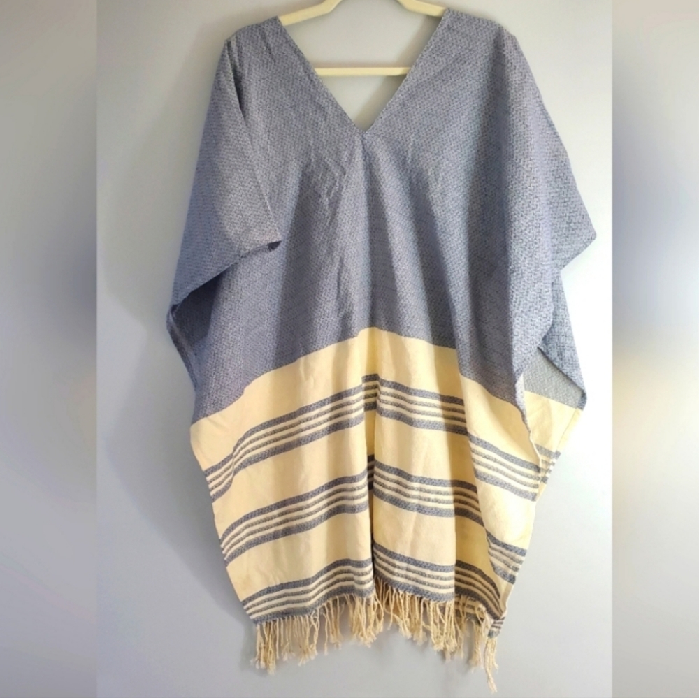 Tribe Alive Blue Beige Fringe Trim Caftan Cover-Up Handmade Poncho One Size